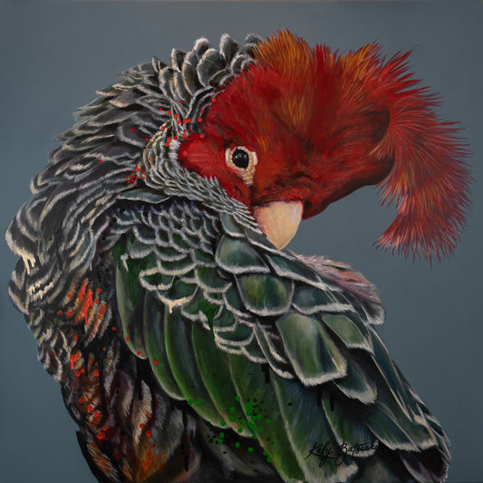 Garry the Gang-Gang Cockatoo – A bold artwork showcasing the charm and striking colors of this unique Australian parrot. Art by Kelly Batsiokis.