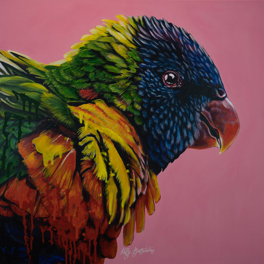 Larry the Rainbow Lorikeet – A vibrant artwork capturing the playful charm and bold colors of this iconic Australian bird. Art by Kelly Batsiokis.