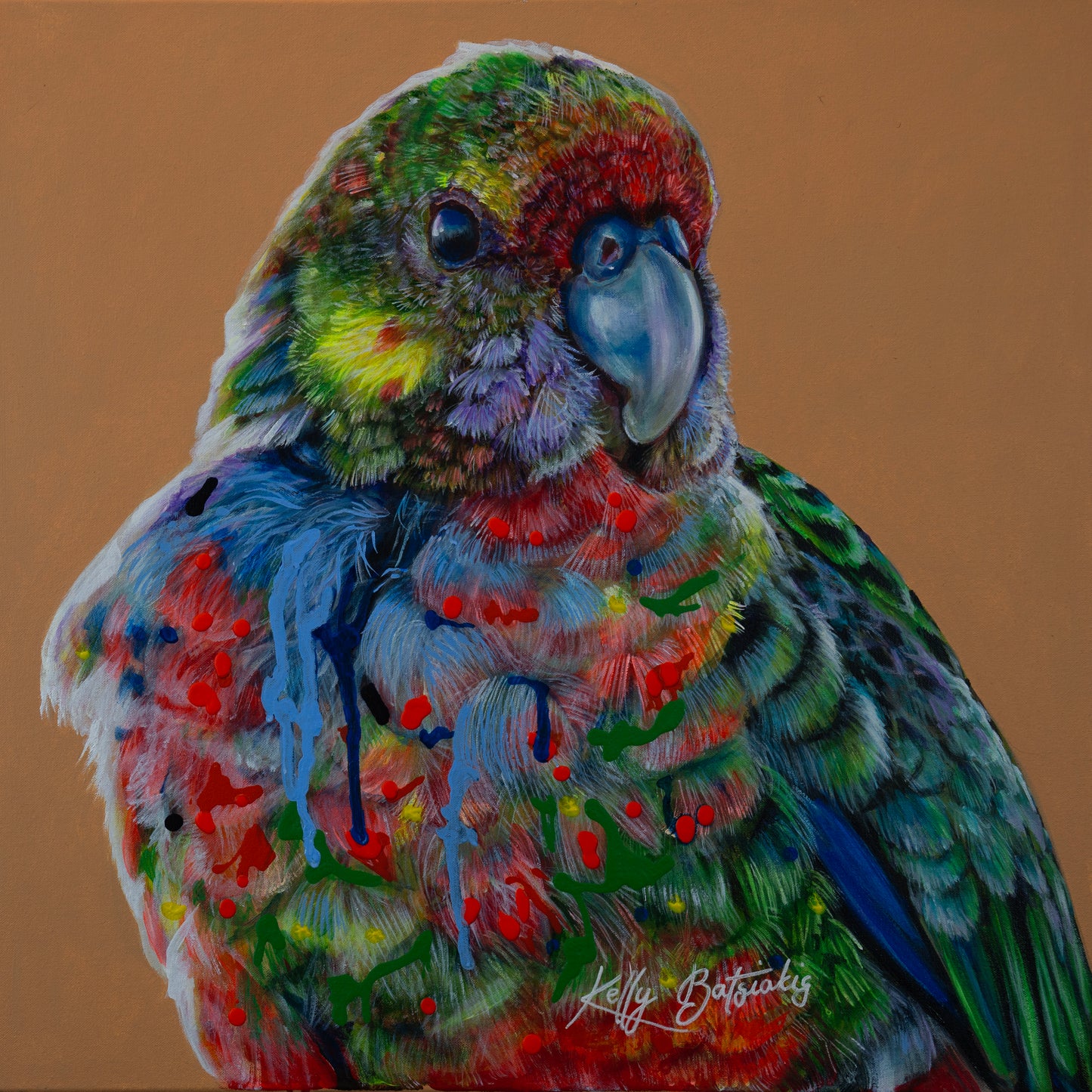 Roger the Western Rosella – A vibrant artwork celebrating this unique Australian parrot, featuring rich textures and striking colors. Art by Kelly Batsiokis.